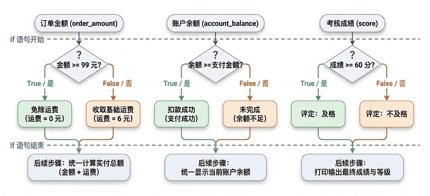 条件分支结构：现实业务中的条件与选择示意图