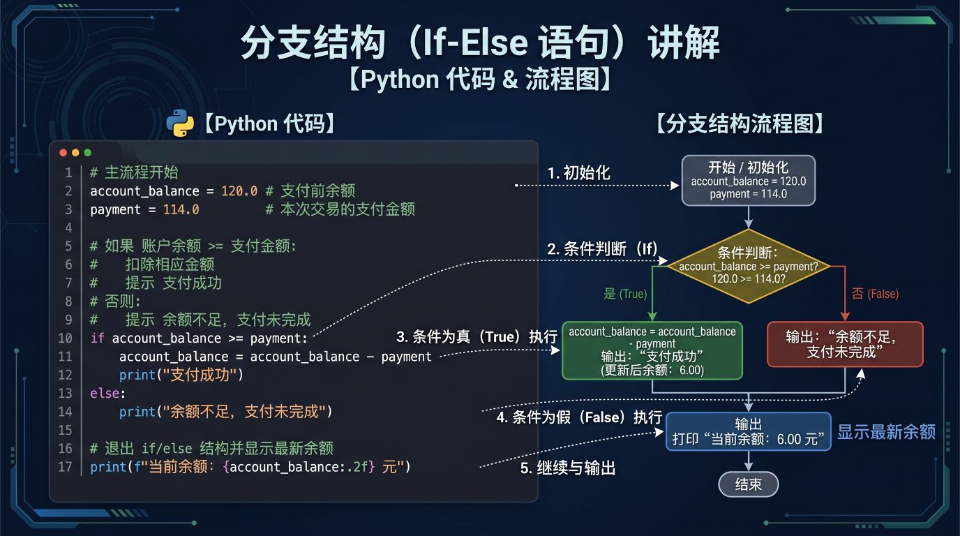 分支结构（if-else 语句）：代码与执行流程图