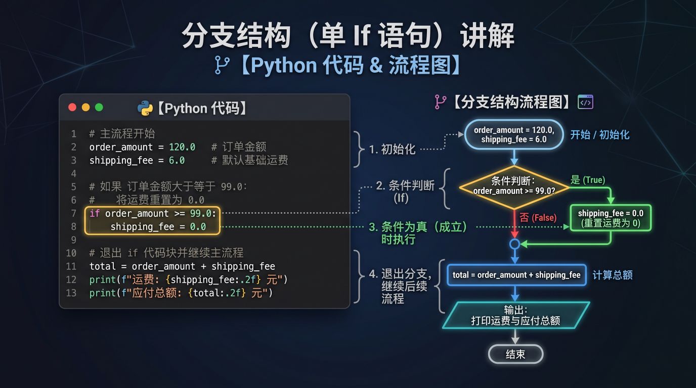 分支结构（单 if 语句）：代码与执行流程图